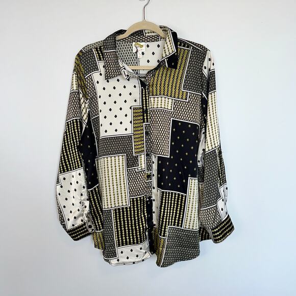 fig and flower Tops - Fig & Flower Silky Patchwork Blouse Plus Size 2X Button Down Boho Stretch Black